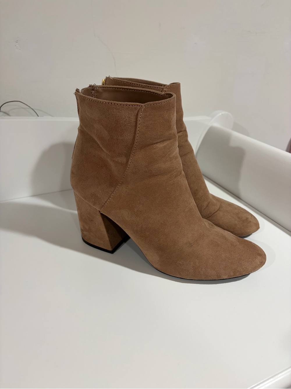 Tan Mauve Suede Block Heel Ankle Boots